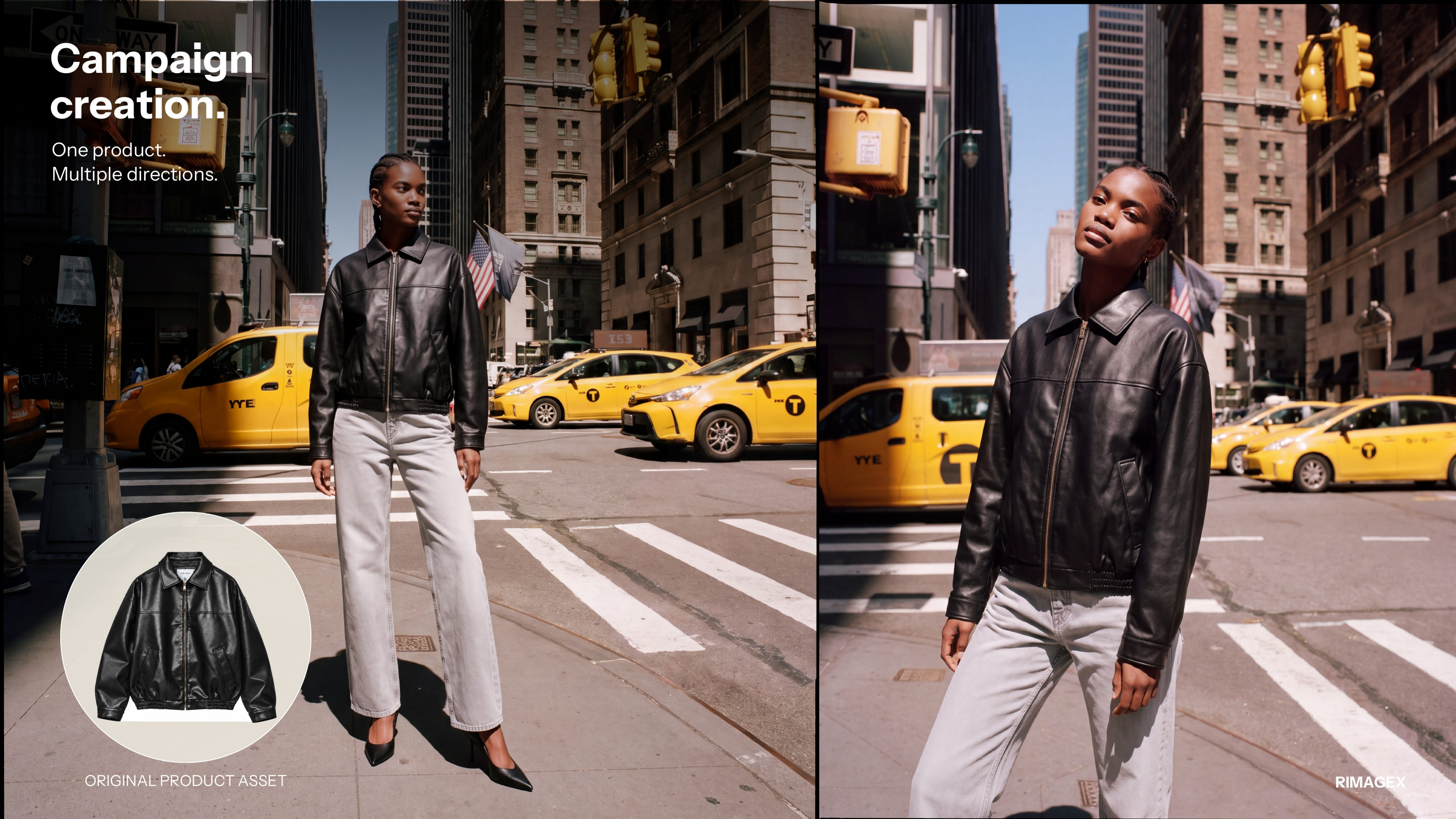Original black leather jacket shown beside two consistent fashion campaign images in New York