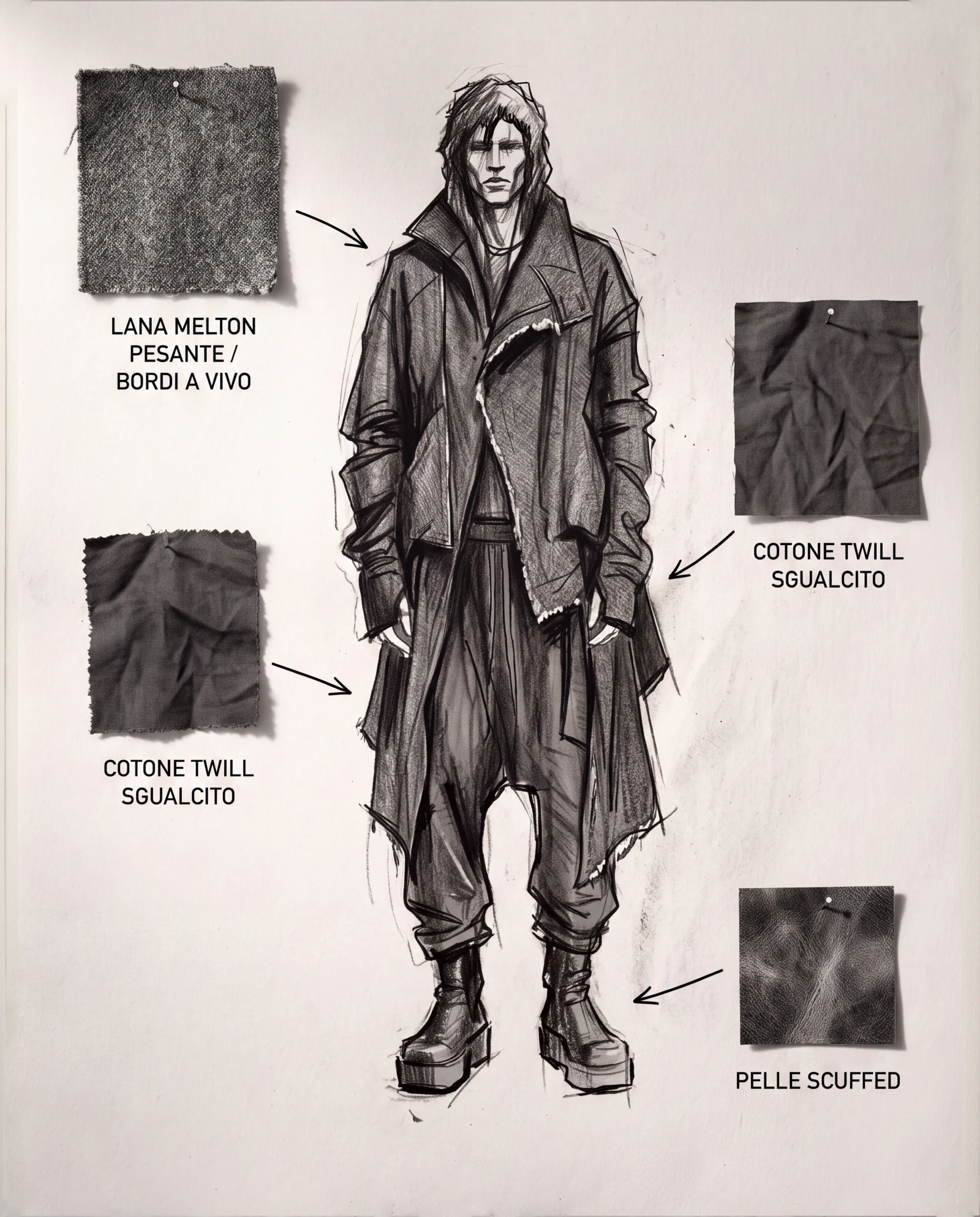 Black menswear design with fabric references and construction notes