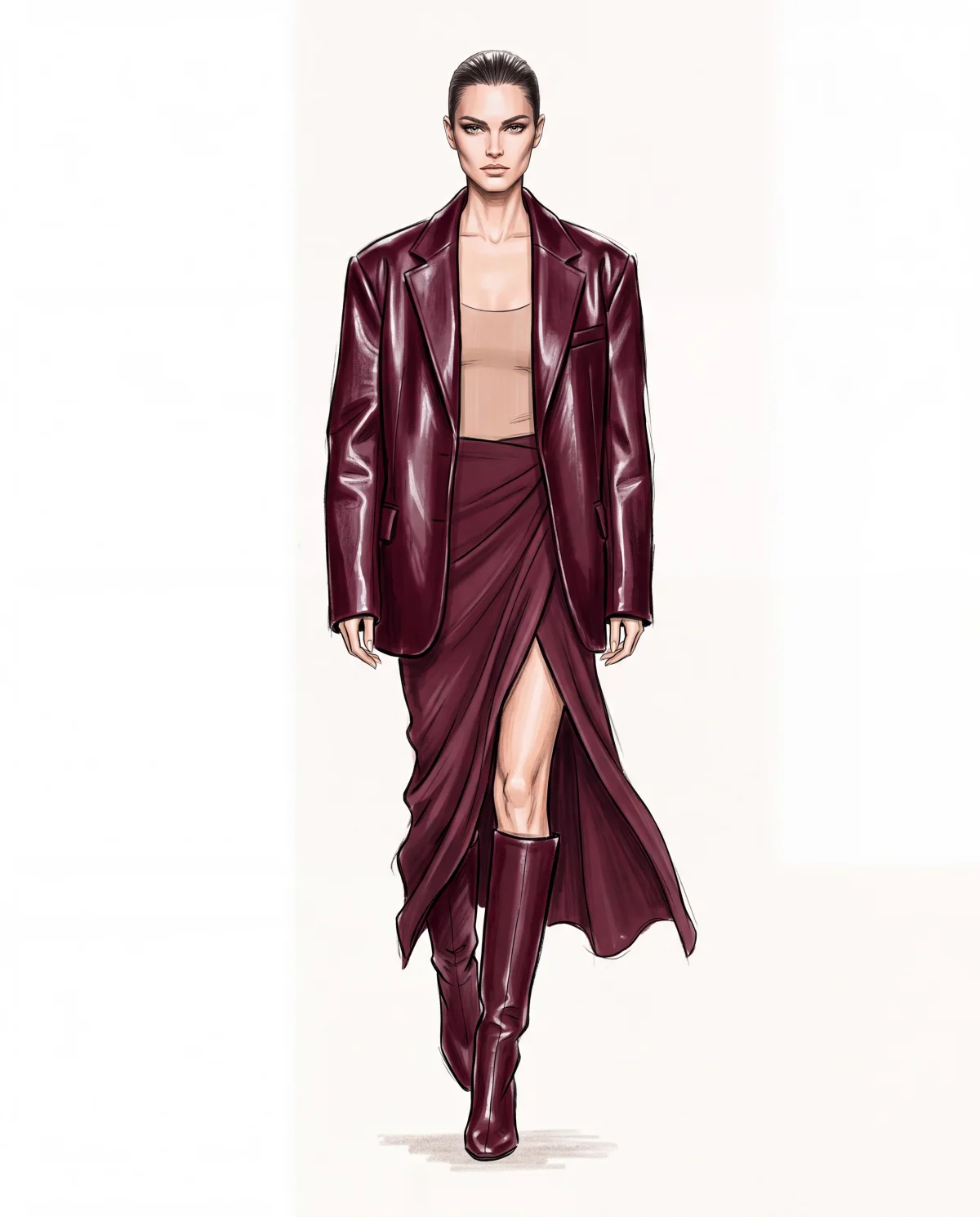 Fashion sketch of a burgundy leather blazer, draped skirt and knee-high boots