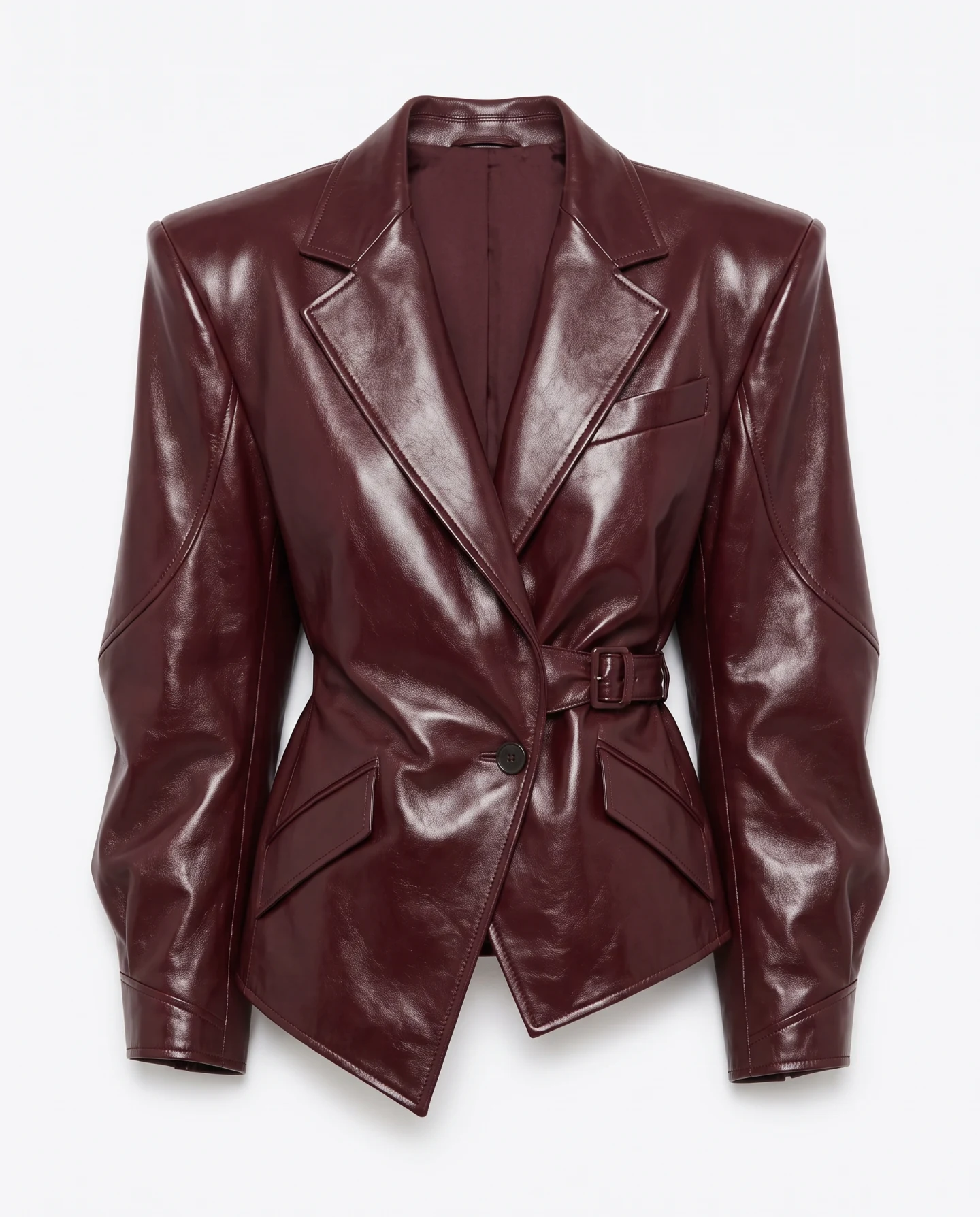 Clean product image of the finished burgundy leather jacket