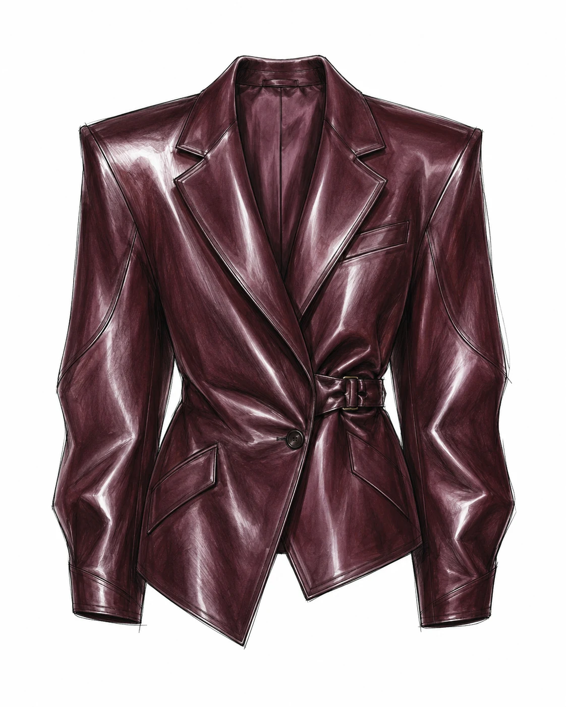 Bozzetto moda di una giacca asimmetrica in pelle bordeaux