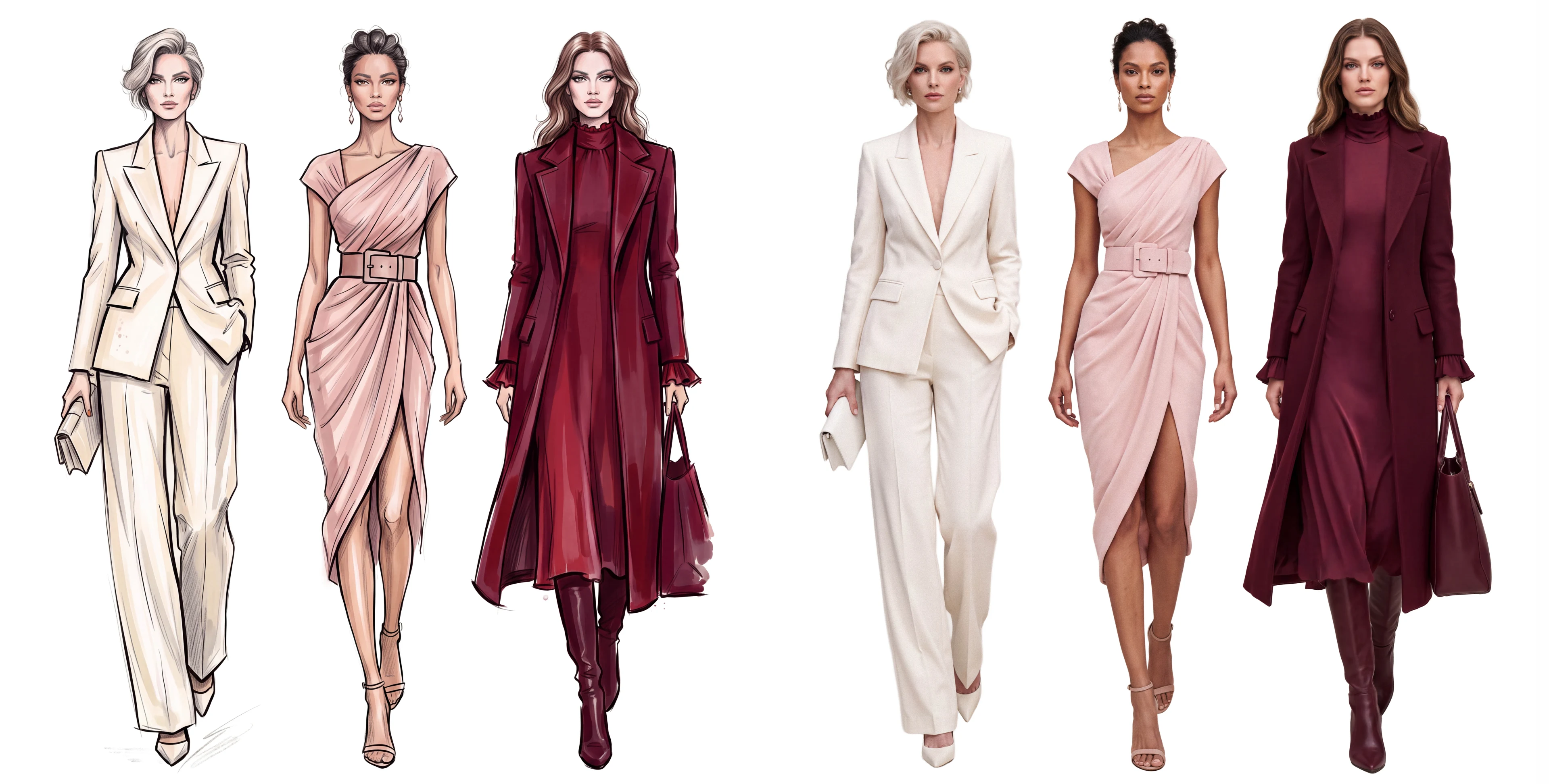 Three fashion sketches shown beside their finished on-model collection images