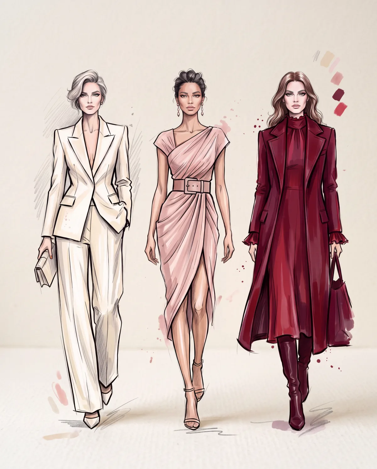 Fashion sketches developed into finished collection looks