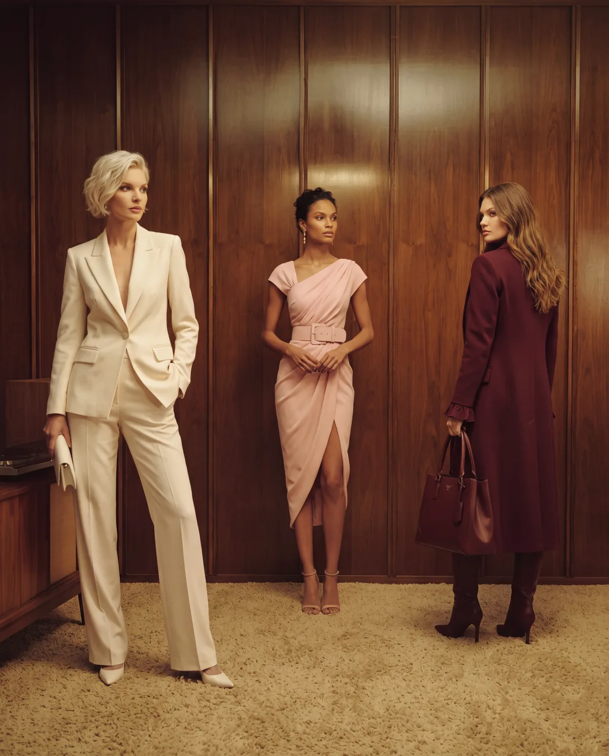 Three finished fashion looks presented as a campaign