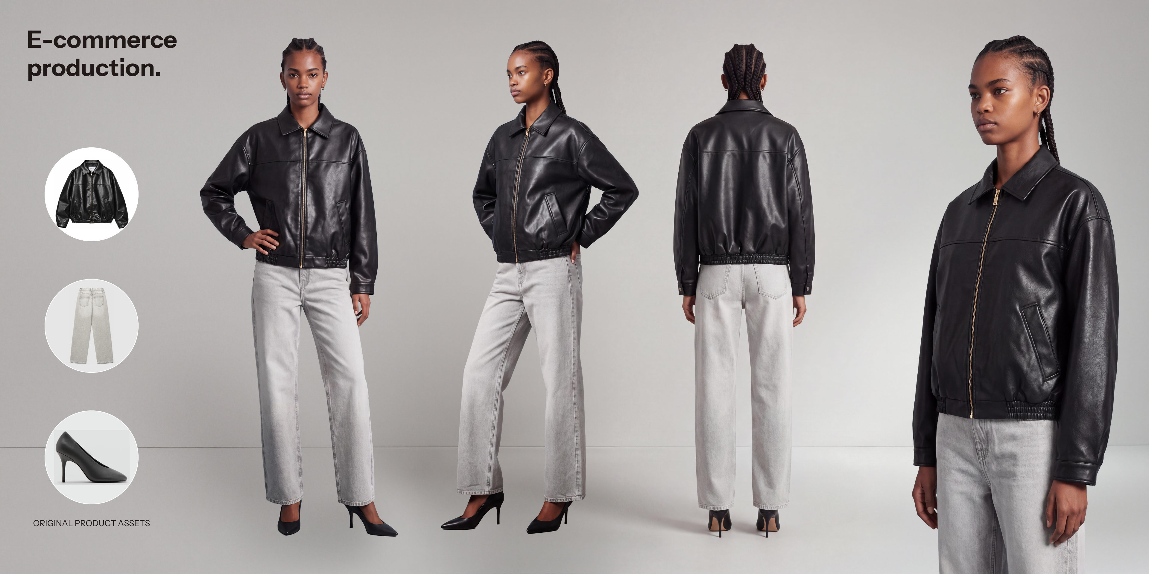 Original black leather jacket, light jeans and black heel shown beside consistent front, three-quarter, back and garment-detail e-commerce views