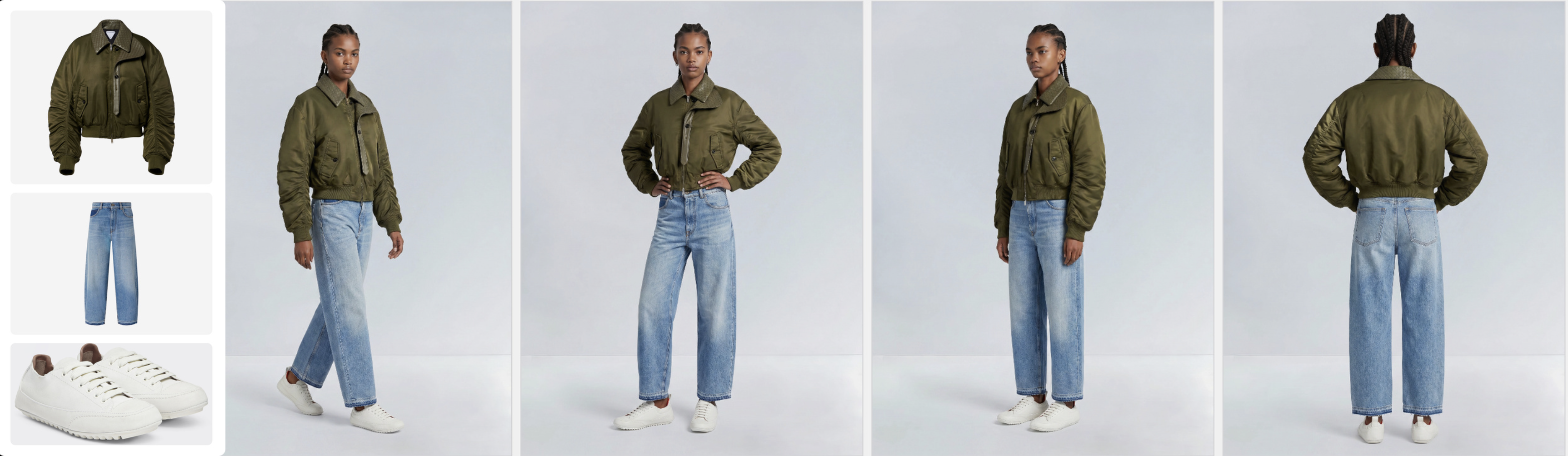 Jacket, jeans and shoes shown beside four consistent on-model e-commerce views: three-quarter, front, side and back