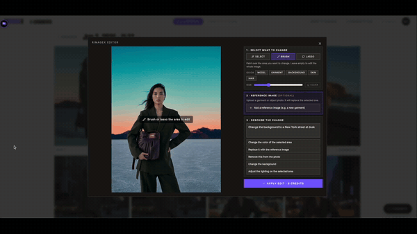 rIMAGEx Editor reworking a selected region of a fashion photo from a reference