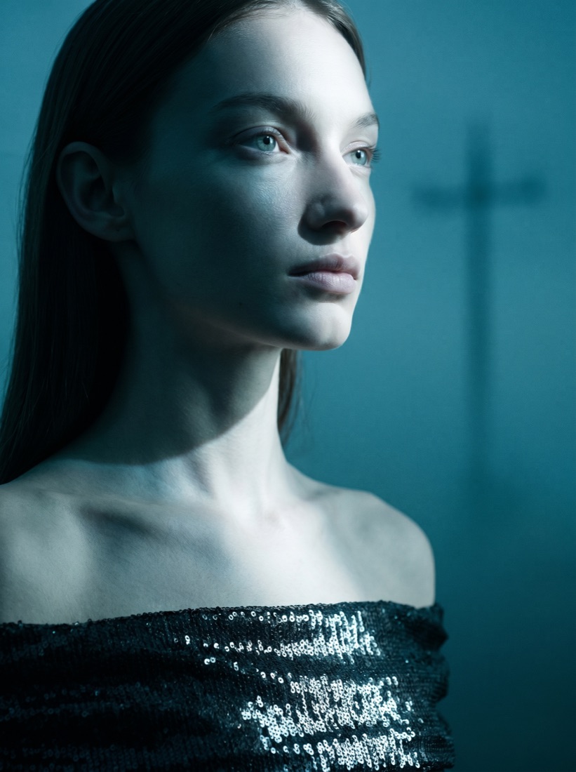 Editorial AI fashion portrait, faithful garment
