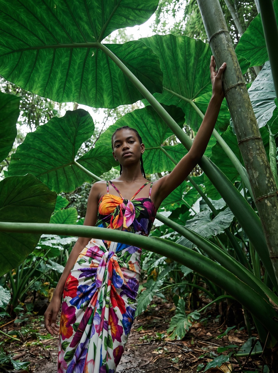 AI fashion model in a green dress on a tropical set created with rIMAGEx
