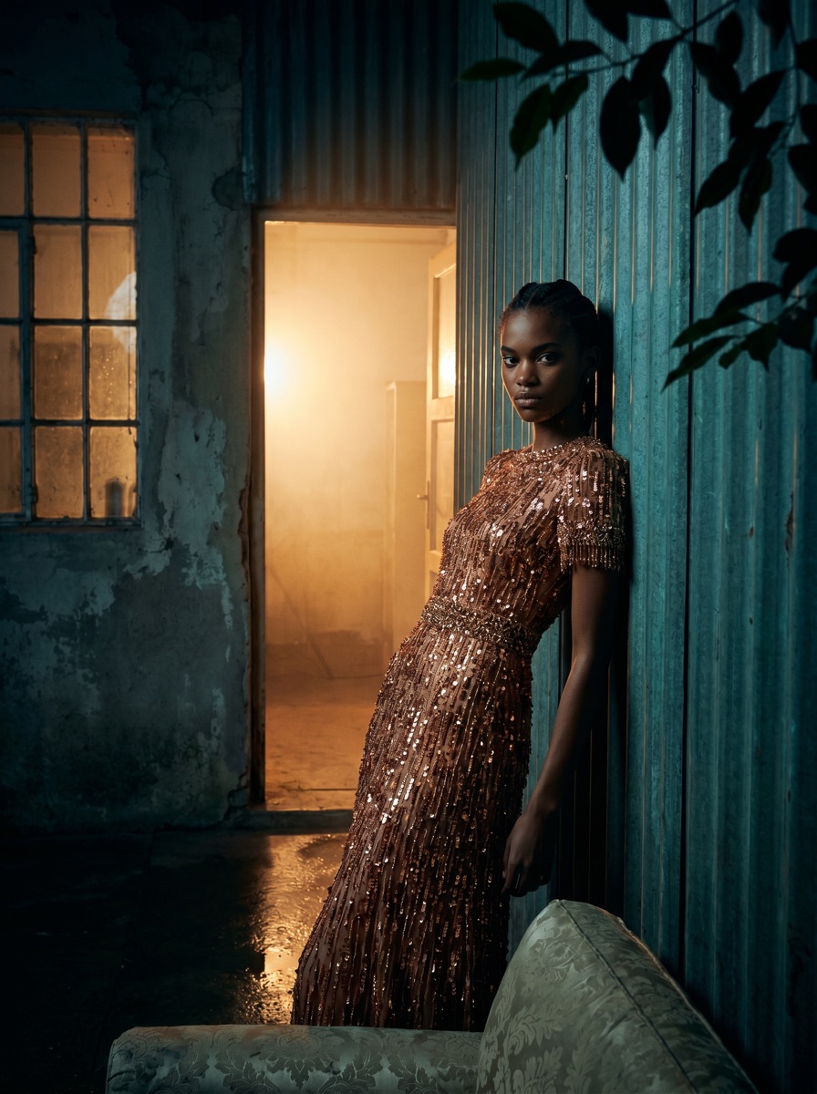 Editorial AI fashion shoot in a dim interior created with rIMAGEx