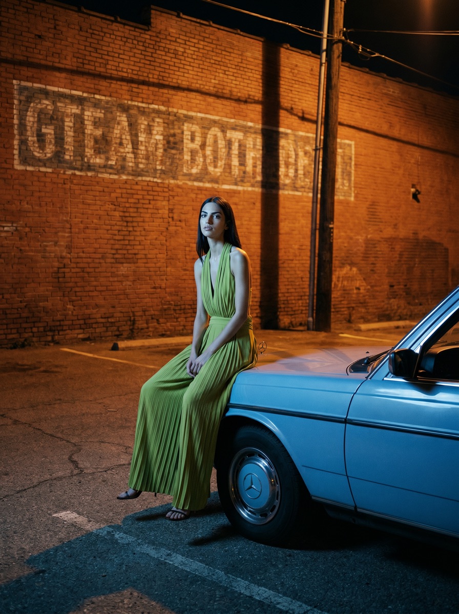 AI fashion model beside a blue car created with rIMAGEx