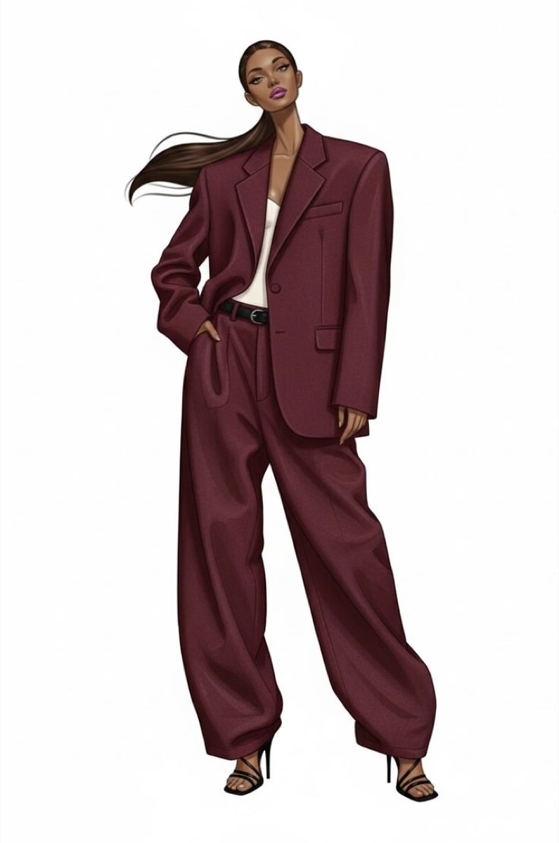 Fashion sketch of an oversized burgundy tailored suit