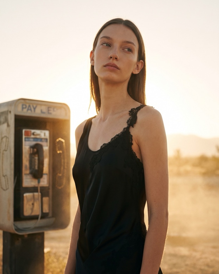AI fashion campaign, same model in a black dress at a desert sunset